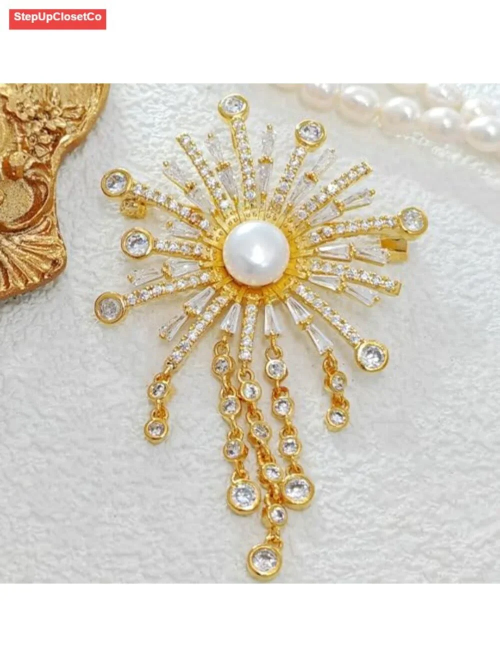 Cubic Zircon Pearl Sunburst Brooch Fringe Tassel Pin